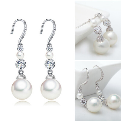 #ad Women Ladies Zircon Shell Pearls Hook Drop Dangle Earrings Evening Party Jewelry $8.99