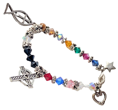 #ad SilverTone Cross Fish Star Heart Charm Prayer Crystal Stone Beaded Bracelet $22.00