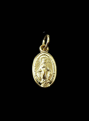 #ad 14K Yellow Gold Tiny Oval Virgin Mary Miraculous Medal Charm Necklace Pendant $72.99