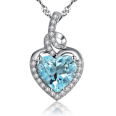 #ad #ad Heart Birthstones Necklace Sterling Silver Simulated Aquamarine Pendant Her Gift $28.99