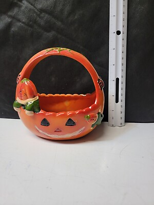 #ad Vintage Pumpkin Jack O Lantern Dish With Handle Halloween Ceramic $8.99