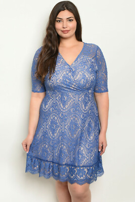 #ad Womens Plus Size Blue Lace Dress 1XL New Ruffled Lined $29.95