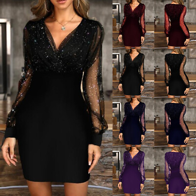 #ad Womens Sexy Mesh Party Mini Dress Ladies Evening Cocktail V Neck Bodycon Dress $13.89