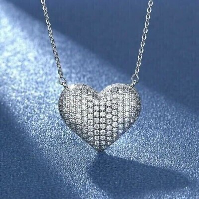 #ad 2CT Round Cut Lab Created Diamond Women#x27;s Heart Necklace 14K White Gold Plated $199.99