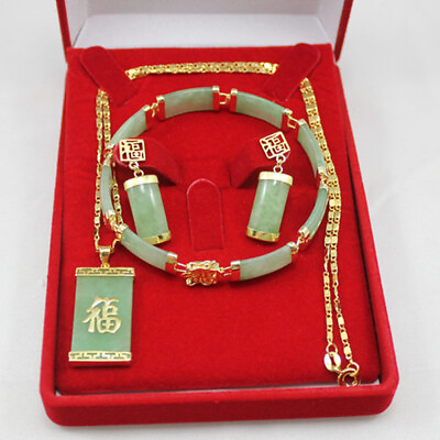 #ad #ad Green Jade 18K Gold Plated Bracelet Lucky Earrings Necklace Pendant Jewelry Set $24.69