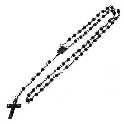 #ad Men#x27;s Hip Hop Black Bead Guadalupe Jesus Cross 28quot; Rosary Necklace HR 600 BK $7.99