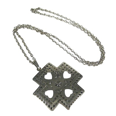 #ad Heart Maltese Cross Necklace Pendant Silvertone Chain 24 inch Repousse $13.99