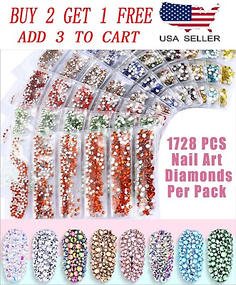 #ad 1728 Pcs 6 Mix Size SS4 SS12 Nail Art Rhinestones Glitter Crystal Gems 3D Tips $4.95