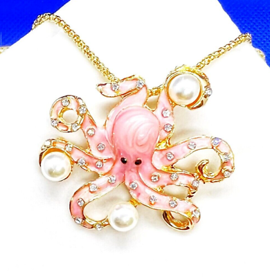 #ad Pink OCTOPUS Pearls Rhinestones Betsey Johnson Pendant Necklace $16.50