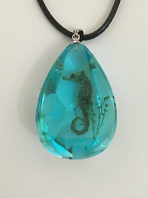Seahorse Pendant Necklace in Blue Resin Sea Horse Creature Jewelry $11.99