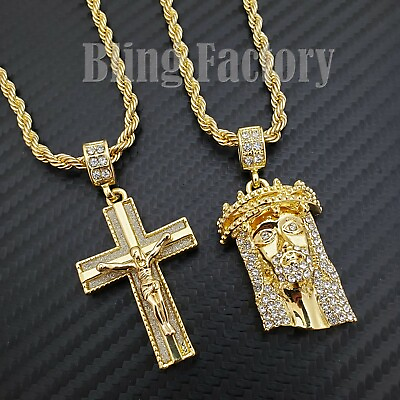 #ad Hip Hop Gold PT Jesus amp; Cross Pendant amp; 4mm 24quot; Rope Chain 2 Bling Necklace set $12.99
