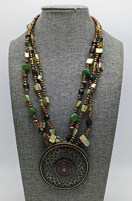 #ad Boho Chunky Brown Brassy Tone Green Pendant Dyed Shell Beaded Necklace $5.99