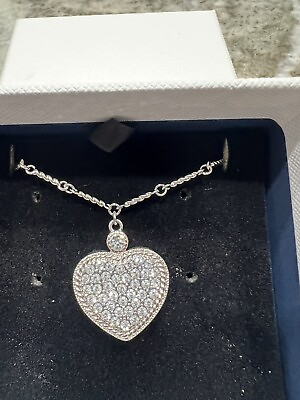 #ad Made With Swarovski Crystals Heart Pendant Necklace Silver Finished New Paved $15.99