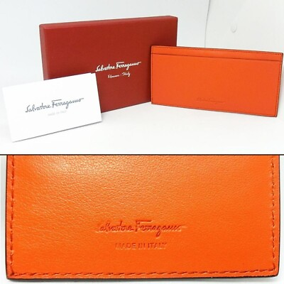 #ad Salvatore Ferragamo Slim Card Holder Orange Calf Leather Made in ITALY With Box $166.32