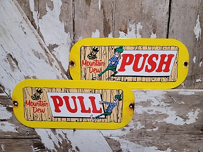 #ad VINTAGE MOUNTAIN DEW PORCELAIN SIGN PAIR OF SODA COLA SHOP DOOR PUSH PULL PLATES $299.95