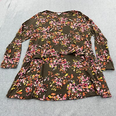 #ad J Jill Dress Womens 1X Brown Floral Tiered Long Sleeve Short Length Stretch $34.88