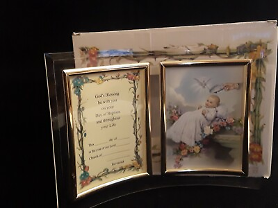 #ad Baby Baptism Dual Photo Frame amp; Certificate Curved Beveled Gold Trim New w Box $16.97