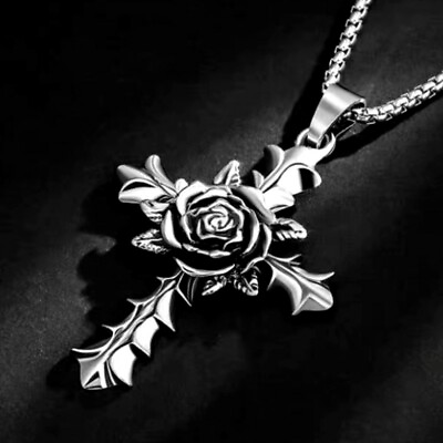 Rose Cross Pendant Necklace Rosicrucian Christian Jewelry Stainless Steel Chain $11.99