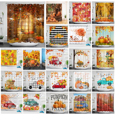 #ad Autumn Thanksgiving Shower Curtain Farm Pumpkin Leaves Truck For Bathroom Decor $21.99