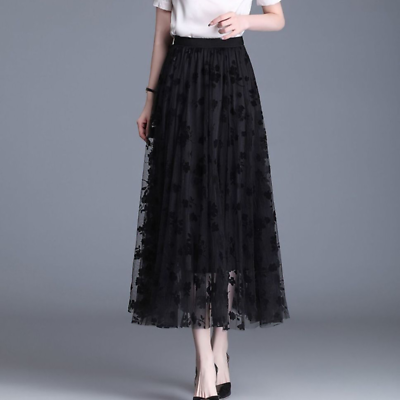 #ad Lady casual Mesh Midi Skirt A line Pleated Gauze Floral Half Dress Fairy Evening $21.95