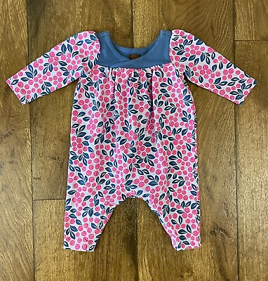 #ad Tea Collection Baby Girl Romper Size 0 3 Months Pink 1 Piece Outfit Floral Leaf $10.99