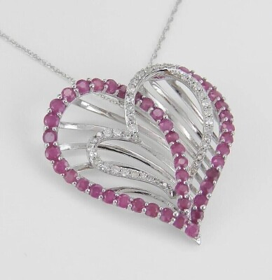 #ad 14k White Gold Plated Round Simulated Pink Ruby Heart Pendant Passing By Chain $135.00