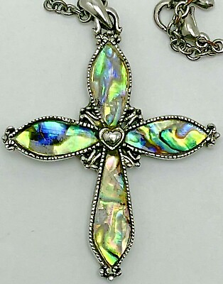 #ad Vintage Cookie Lee Abalone Reversible Silvertone Cross Necklace Pendant Heart $29.95