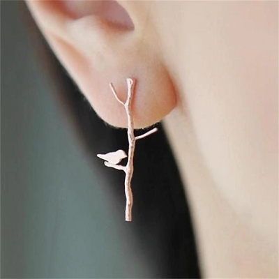 #ad Cute Lovely Bird on Twig Tree Branch Women Stud Earrings 14k White Gold Plated $119.99