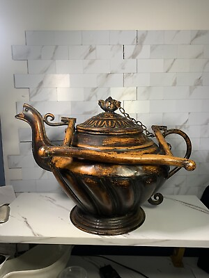 #ad Antique metal large teapot with lid attached by chain Decorative Pot 12”x11” $55.00