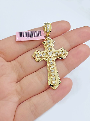 #ad Real 14k Yellow Gold Cross Charm Pendant 2 Inch Diamond Cuts CZ Charm For Chains $357.28
