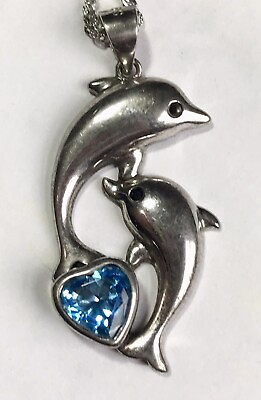 #ad Sterling Silver Necklace Dolphins Mother Child 925 18” Blue Heart Stone 5.1 G $22.90
