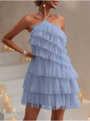 #ad Baby Blue Layer Hem Mesh Overlay Backless Halter Dress Sz S M L $43.99