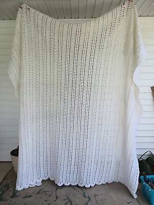 #ad Vtg Granny Afghan Blanket 100x100Knit Crochet Cottage Core Scalloped Edge $45.67