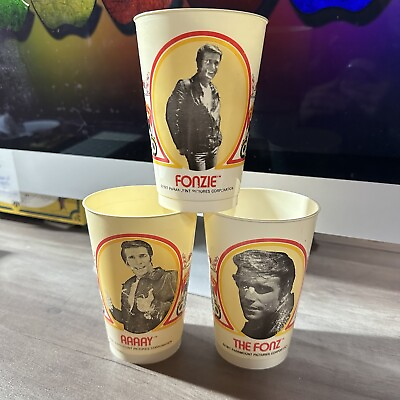 #ad Vintage 1977 Burger King Fonzie The Fonz Happy Days Promotional Plastic 3 Cups $26.88