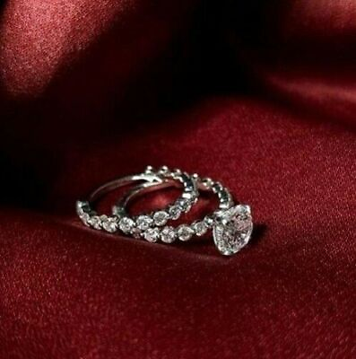 #ad Cushion Cut 3.20Ct Simulated Diamond Wedding Ring Set 14k White Gold in Size 6.5 C $436.80