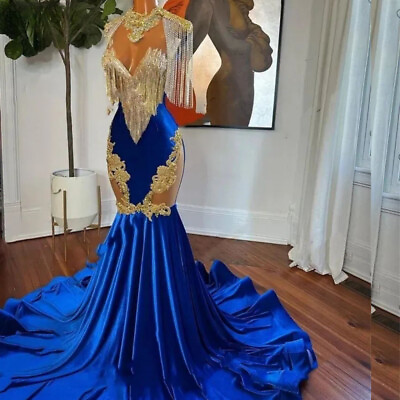 #ad Royal Blue Mermaid Prom Dress Gold Lace Applique Formal Prom Wedding Party Gowns $148.00