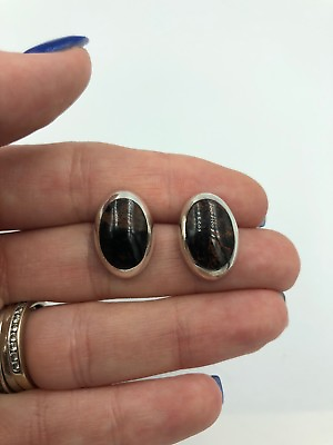 #ad Vintage Sterling Silver Unique Brown Color Stone Stone Earrings #434 $21.99