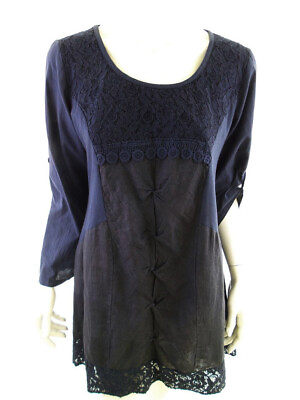 #ad Made in Italy Size L Navy Tunic Blouse Linen 100% Sleeve 3 4 Lace Embroidery $45.37