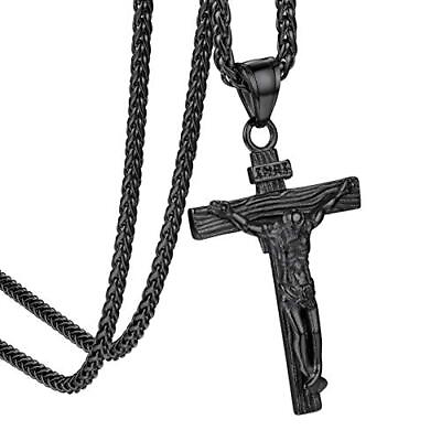 #ad Crucifix Necklace Men Black Cross INRI Crucifix Charm Pendant with Adjustabl... $30.79