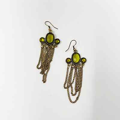 #ad Gold Tone Chainlink Green Gemstone Dangle Earrings Statement Layered Chain $11.25