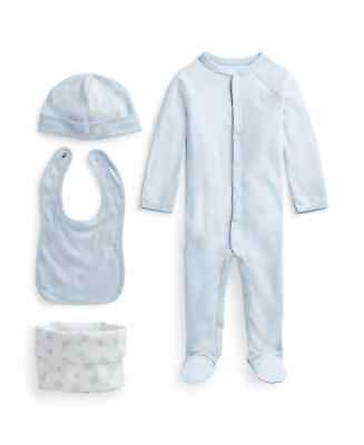 NWT $75 POLO RALPH LAUREN Baby Gift 4 Piece Set footed coverall bib hat bag $25.99