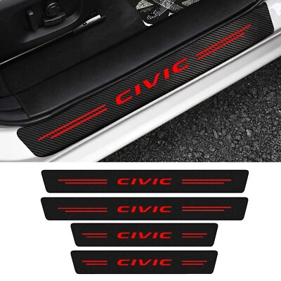 #ad 4pcs Red Carbon Fiber Leather Door Sill Plate Cover Protectors For Honda Civic $12.59