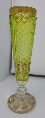#ad Antique Bohemian Moser Enameled Clear and Yellow Cut Glass Vase 10 1 4 inch $395.00
