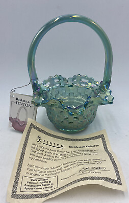 #ad Fenton Basketweave Spruce Green Carnival Iridescent Basket QVC Museum Collection $45.00