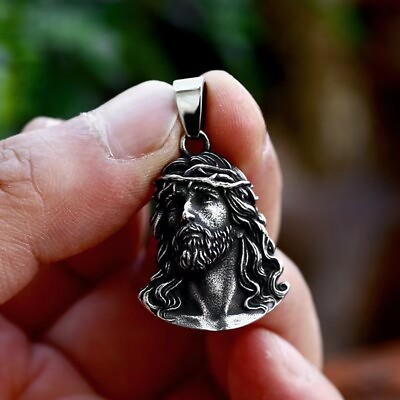 Silver Jesus Christ Face Pendant Necklace Lord#x27;s Prayer Jewelry Stainless Steel $11.99