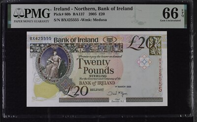 #ad Northern Ireland 20 Pounds 2005 P 80 b Gem UNC PMG 66 EPQ $109.99