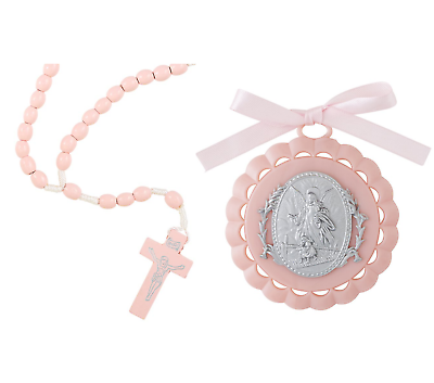 #ad Girl#x27;s Baptism Gift Pink Guardian Angel Crib Medal amp; Pink Wooden Rosary Catholic $12.99