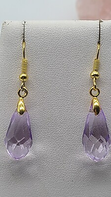 #ad Beautiful Faceted Lavender Crystal Teardrop Gold Plated Dangle Earrings $7.99