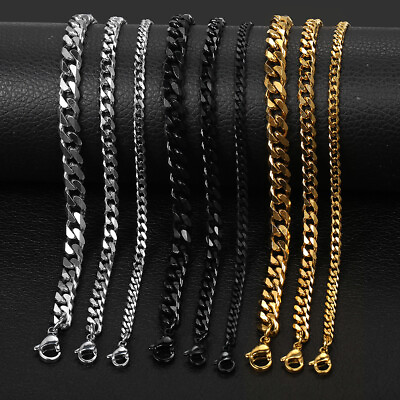 #ad 3 5 7 MM Stainless Steel Silver Black Gold Plated Cuban Curb Necklace Chain $8.16