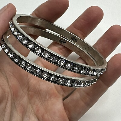 Premier Designs Bangle Bracelet Silver Tone RHinestones Eternity Set of 2 Stack $23.00